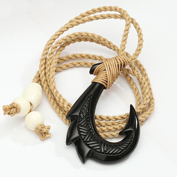 Black Bone Fish Hook with Carving Necklace 30x47mm – Makani Hawaii