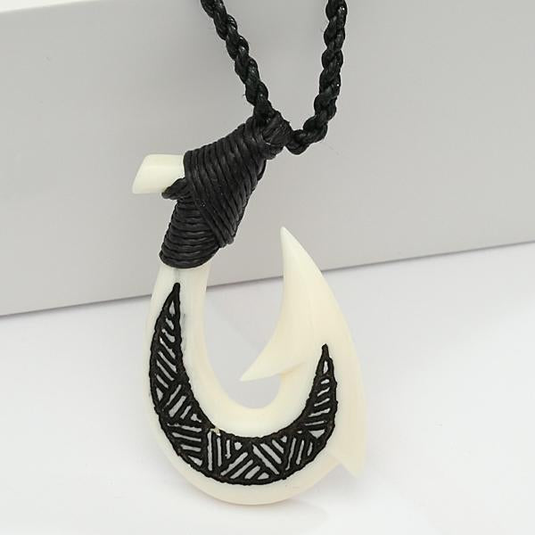 Cow Bone Fish Hook with Black Enamel Carving Necklace 25x42mm – Makani  Hawaii