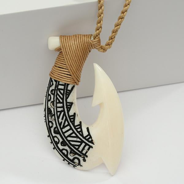 Buffalo Bone Fish Hook with Black Enamel Carving Necklace 29x52mm