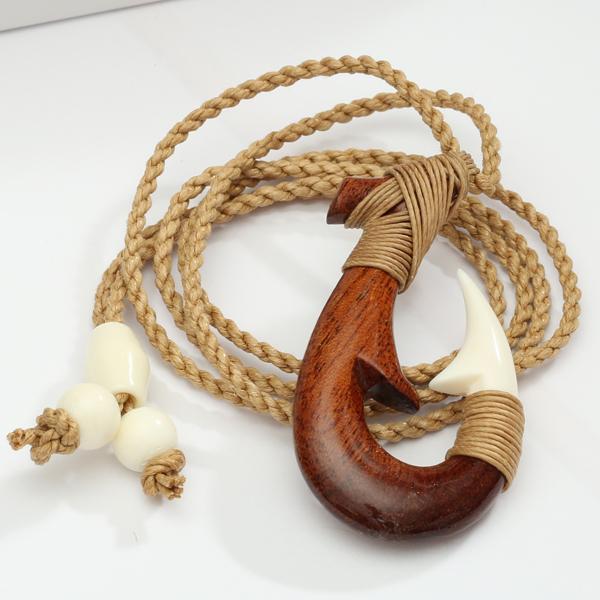 Koa Wood and Bone Classic Style Fish Hook Necklace 28x52mm
