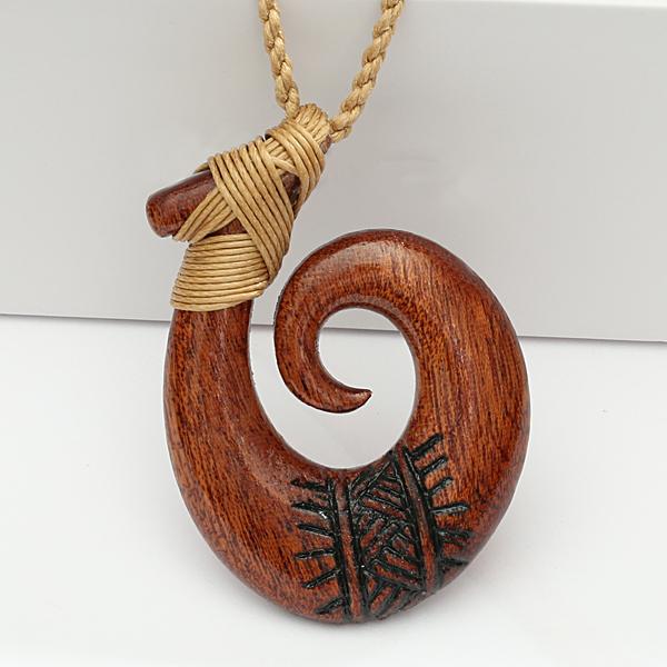 Koa Wood Fish Hook with Black Carving Necklace 37x50mm