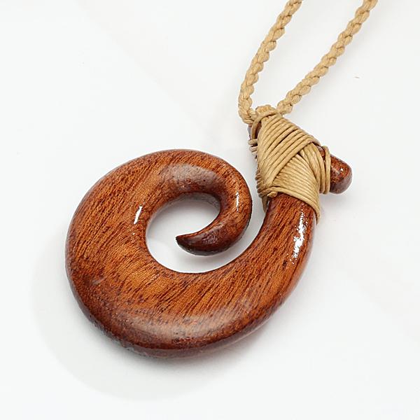 Koa Wood Fish Hook with Black Carving Necklace 37x50mm