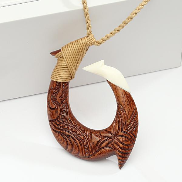 Koa Wood and Cow Bone Fish Hook with Carving Necklace 40x60mm – Makani  Hawaii