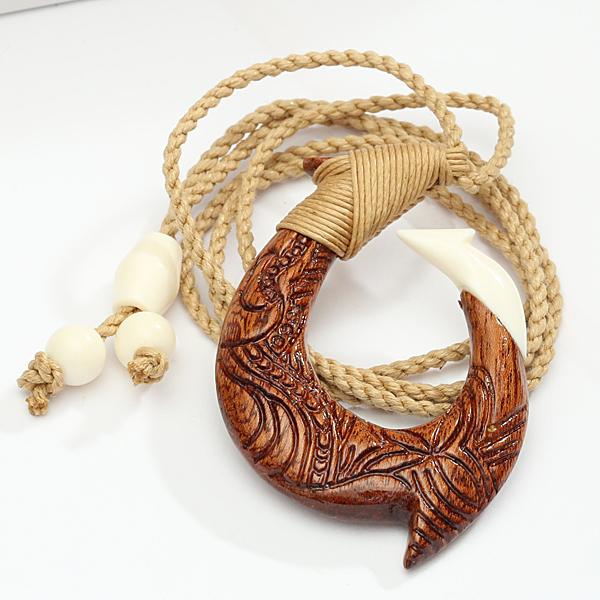 Koa Wood and Cow Bone Fish Hook with Carving Necklace 40x60mm
