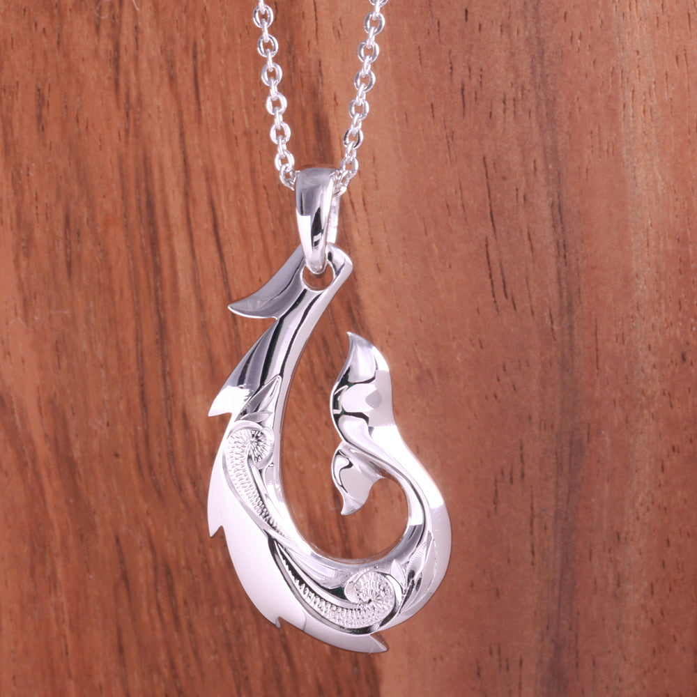 Sterling Silver Hawaiian Scroll Whale Tail Fish Hook Pendant (Chain So –  Makani Hawaii