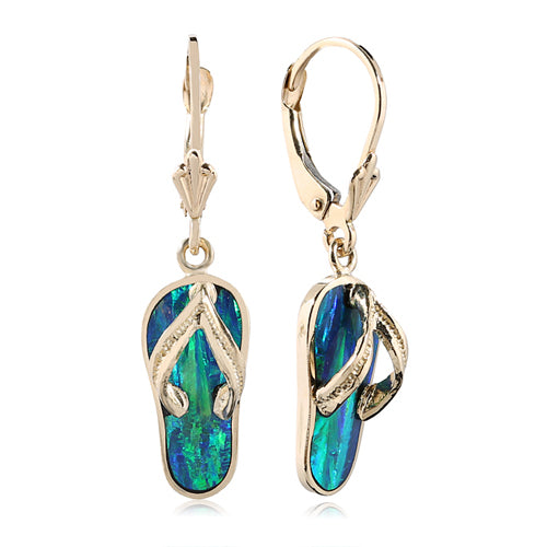 Yellow gold Opal Inlaid Slipper(Flip Flop) Lever Back Earring