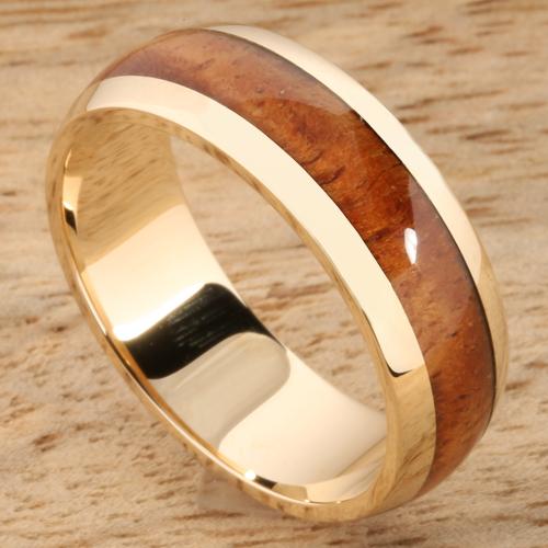 Yellow Gold Koa Wood Rings Dome Shape Wedding Ring 7mm