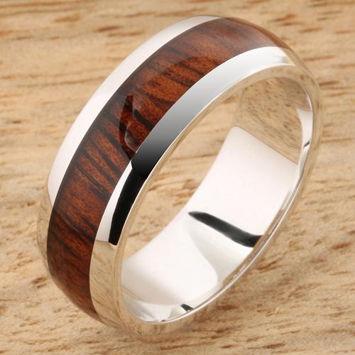 14K White Gold Natural Hawaiian Koa Wood Inlaid Wedding Ring 7mm