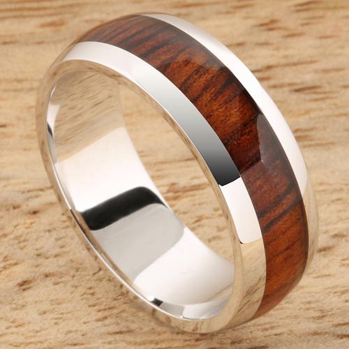 14K White Gold Natural Hawaiian Koa Wood Inlaid Wedding Ring 7mm