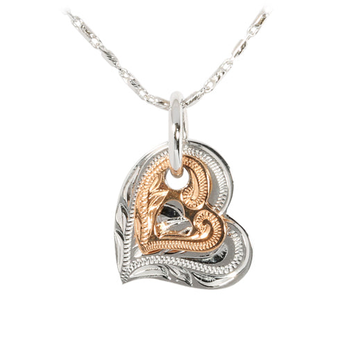 14KT White Gold/Pink Gold Two Tone Double Scroll Heart Pendant