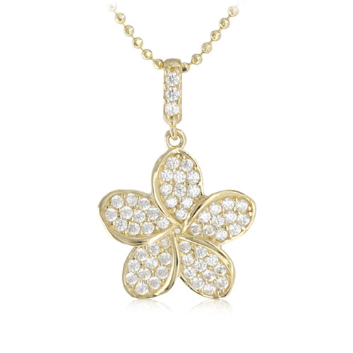 14K Yellow Gold Plumeria Pendant with Pave Clear CZ Set