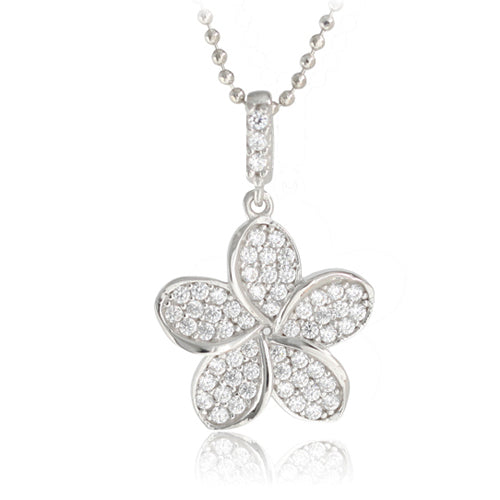 14K White Gold Plumeria Pendant with Pave Clear CZ Set