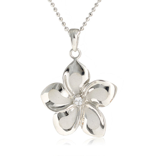 14K White Gold Plumeria Pendant 18mm with Clear CZ