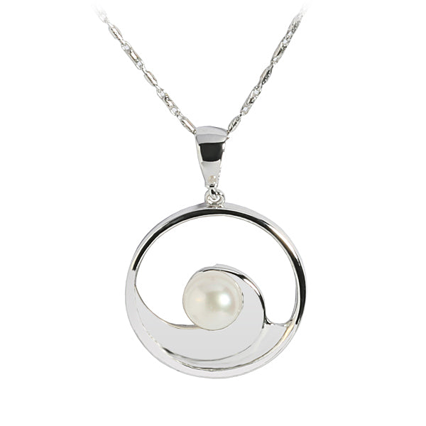 14K White Gold Wave Incircle Pendant w/Pearl(Chain Sold Separately)