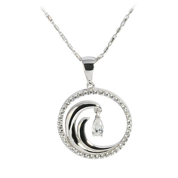 14K White Gold Wave in Circle Pendant CZ Inlay(Chain Sold Separately)