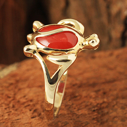 Yellow Gold Honu with Red Coral Inlaid Hawaiian Ring