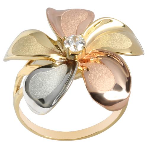 23mm 14K Gold tri-color Plumeria Ring with CZ Sandblast Polish Edge - Hanalei Jeweler