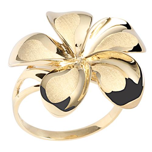 14K Yellow Gold Plumeria Ring Sandblast Polish Edge 23mm - Hanalei Jeweler