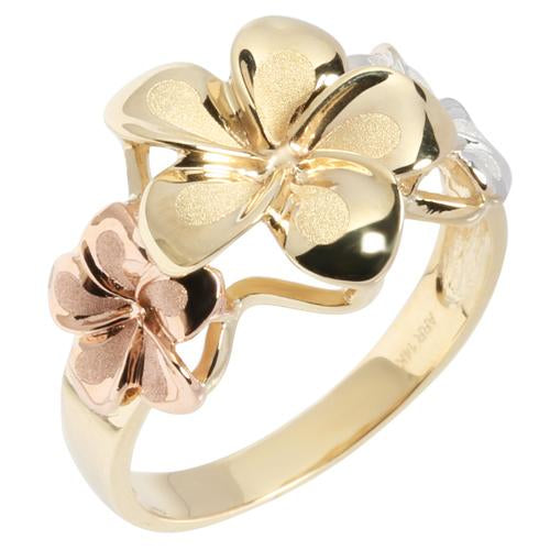 14K Gold Tri-color Triple Plumeria Ring Sandblast Polish Edge - Hanalei Jeweler