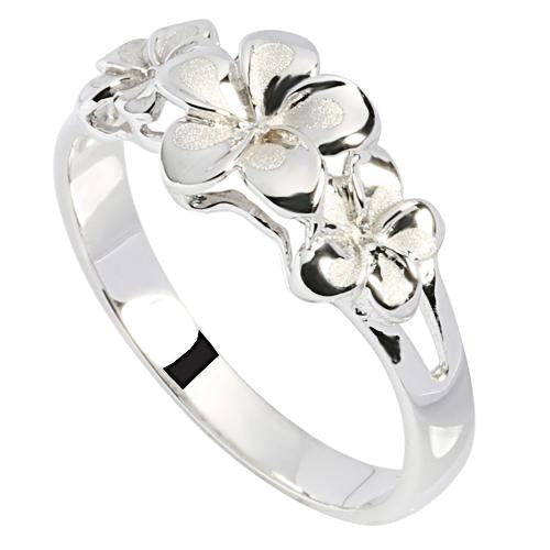 14K White Gold Triple Plumeria Ring NO CZ Sandblast Polish Edge - Hanalei Jeweler