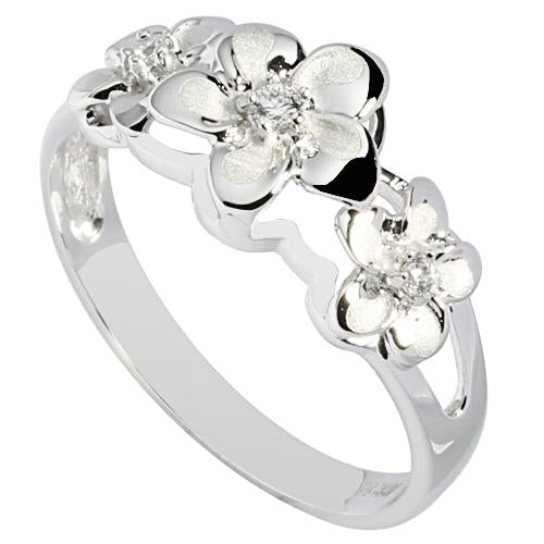 14K White Gold Triple Plumeria Ring with CZ Sandblast Polish Edge 6-8-6 - Hanalei Jeweler