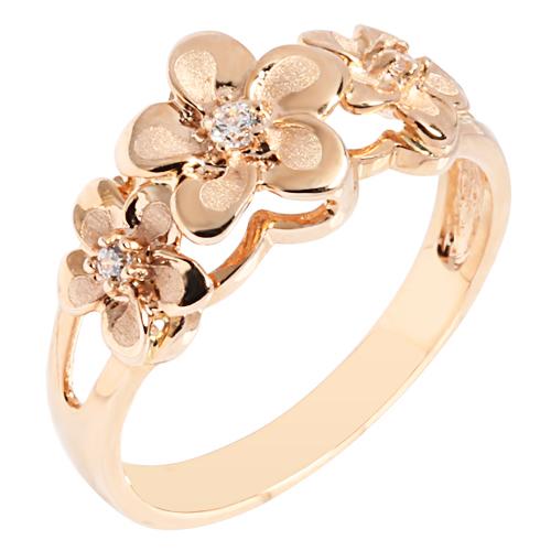 14K Rose Gold Triple Plumeria Ring with CZ Sandblast Polish Edge 6-8-6 - Hanalei Jeweler