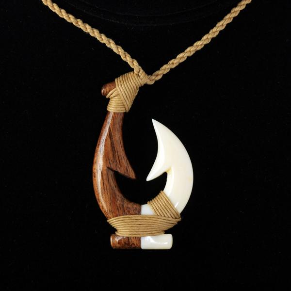 Koa Wood and Cow Bone Fish Hook Necklace 32x54mm