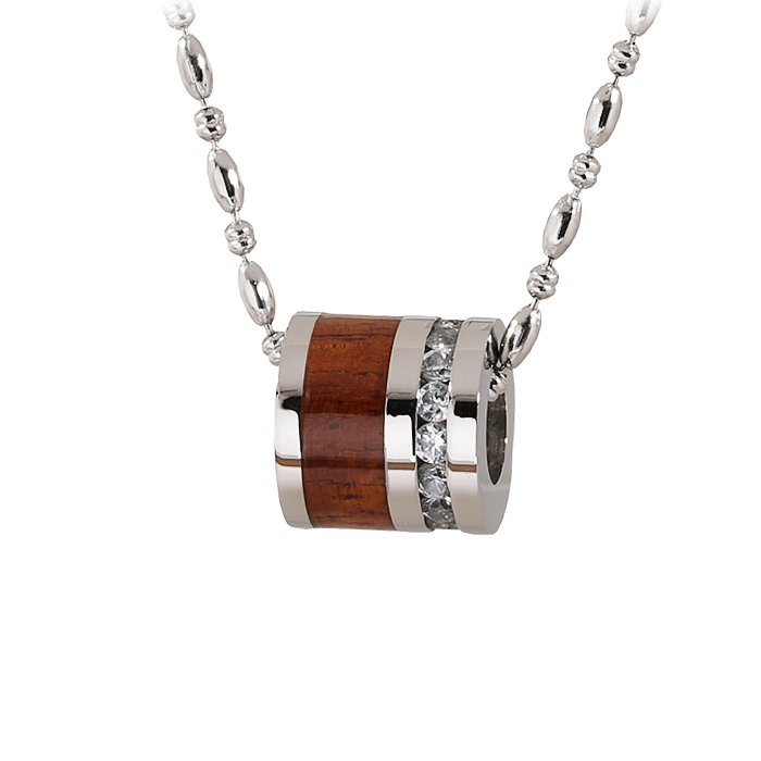Koa Wood Stainless Steel Barrel Pendant (11mm, Free Stainless Chain Included) 19 inch