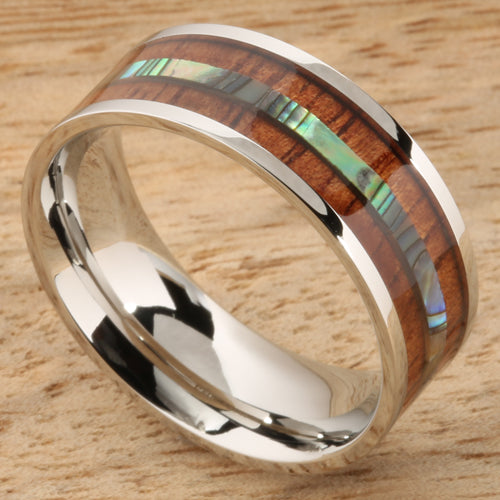 8mm Natural Hawaiian Koa Wood and Abalone Inlaid Stainless Steel Flat Wedding Ring