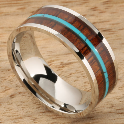 8mm Natural Hawaiian Koa Wood and Turquoise Inlaid Stainless Steel Flat Wedding Ring