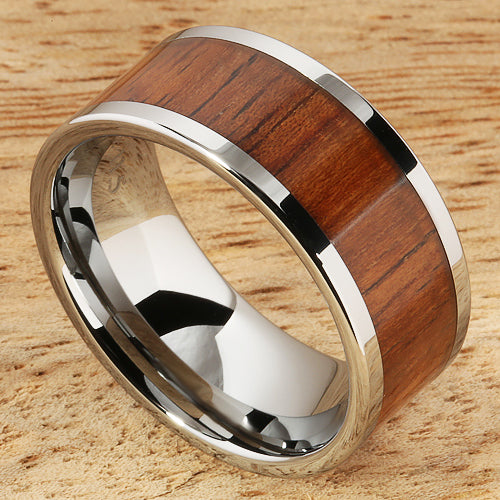 10mm Natural Hawaiian Koa Wood Inlaid Tungsten Flat Wedding Ring