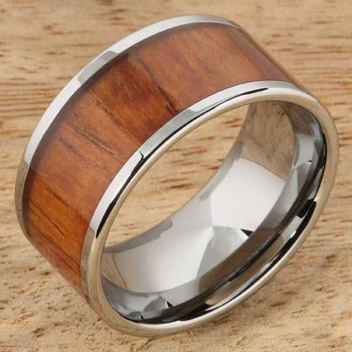 Natural Hawaiian Koa Wood Inlaid Tungsten Wedding Ring Flat 12mm Band Hawaiian Ring