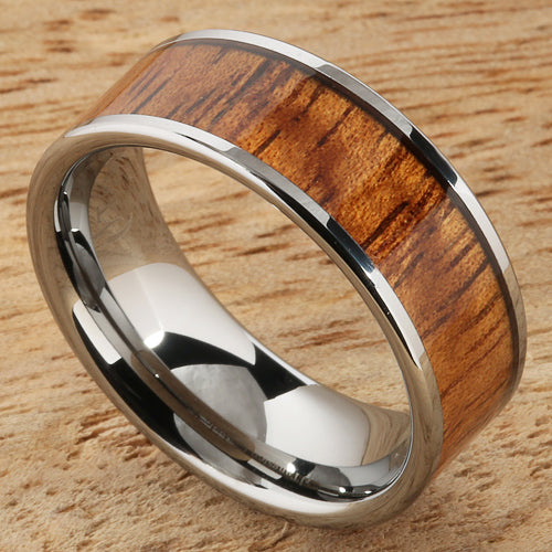 8mm Natural Hawaiian Koa Wood Inlaid Tungsten Flat Wedding Ring