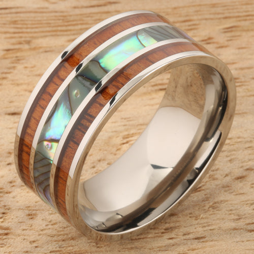 Koa Wood Abalone Titanium Wedding Ring Mens Ring 10mm