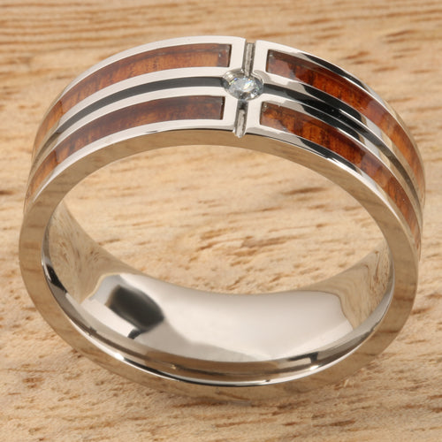 Koa Wood Titanium Wedding Ring with CZ Inlaid Mens Ring 8mm