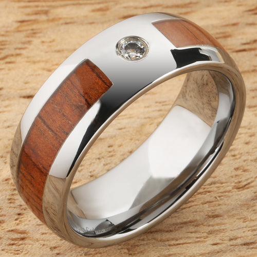 8mm Natural Hawaiian Koa Wood Inlaid Tungsten with CZ Oval Wedding Ring