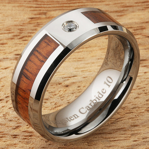 8mm Natural Hawaiian Koa Wood Inlaid Tungsten with CZ Beveled Edge Wedding Ring