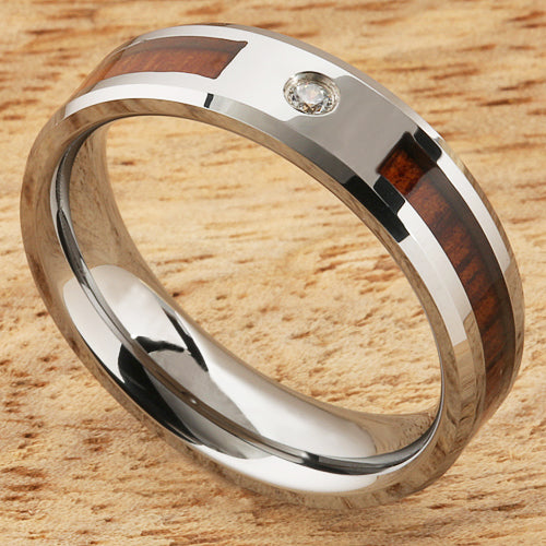 6mm Natural Hawaiian Koa Wood Inlaid Tungsten with CZ Beveled Edge Wedding Ring