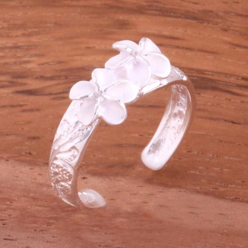 Hawaiian Scroll Two 6mm Plumeria with Clear CZ Smooth Edge Toe Ring