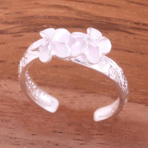Hawaiian Scroll Two 6mm Plumeria with Clear CZ Smooth Edge Toe Ring