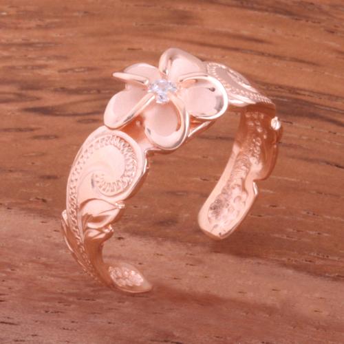Hawaiian Scroll Pink Gold Plated 8mm Plumeria with Clear CZ Cut Out Edge Toe Ring