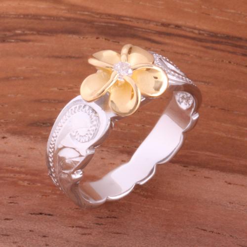 Hawaiian Scroll Two Tone Yellow Gold Plated 8mm Plumeria with Clear CZ Cut Out Edge Toe Ring