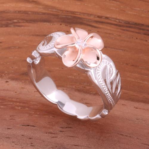 Hawaiian Scroll Two Tone Pink Gold Plated 8mm Plumeria with Clear CZ Cut Out Toe Edge Ring