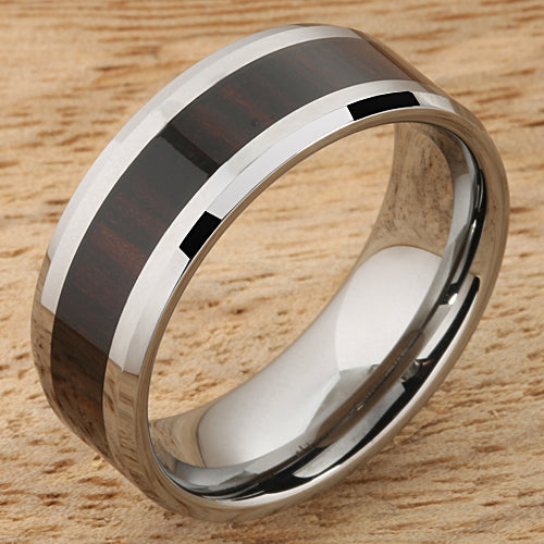 8mm Cocobolo (Red Wood) Inlaid Tungsten Beveled Edge Wedding Ring