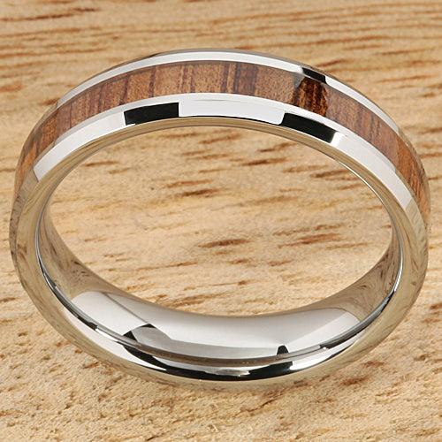 5mm Natural Hawaiian Koa Wood Inlaid Tungsten Beveled Edge Wedding Ring