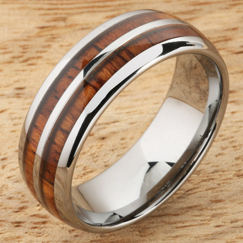 8mm Natural Hawaiian Koa Wood Inlaid Tungsten Double Row Wedding Ring