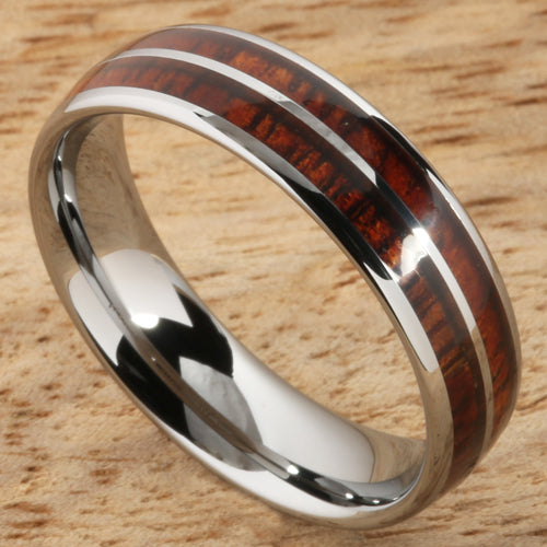 6mm Natural Hawaiian Koa Wood Inlaid Tungsten Double Row Wedding Ring
