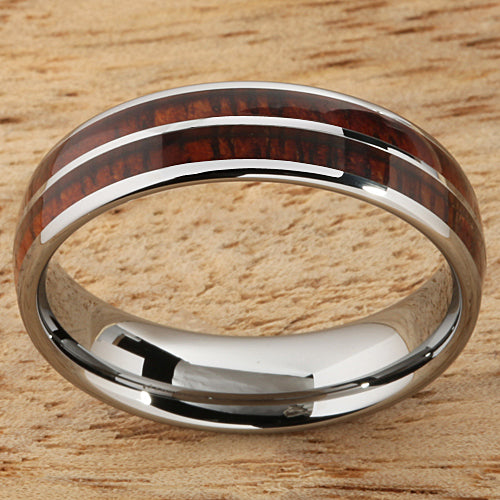6mm Natural Hawaiian Koa Wood Inlaid Tungsten Double Row Wedding Ring