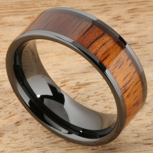 8mm Natural Hawaiian Koa Wood Inlaid High Tech Black Ceramic Flat Wedding Ring
