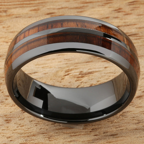 8mm Natural Hawaiian Koa Wood Inlaid High Tech Black Ceramic Double Row Wedding Ring